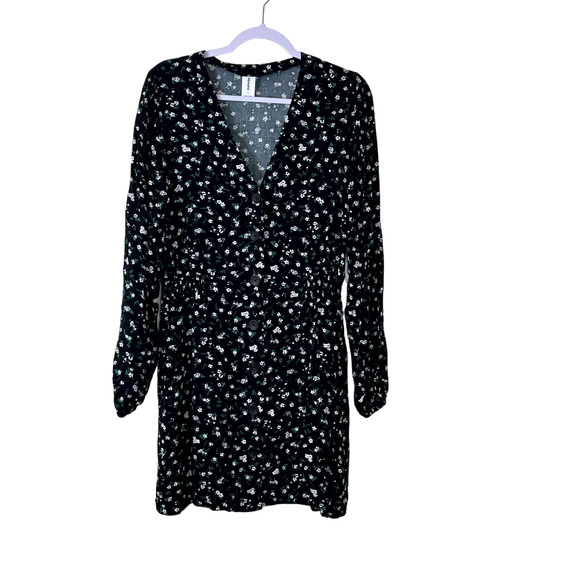 Abound Black Floral Daydreamer Long Sleeve Button Front Mini Dress NWT Large - Picture 2 of 8